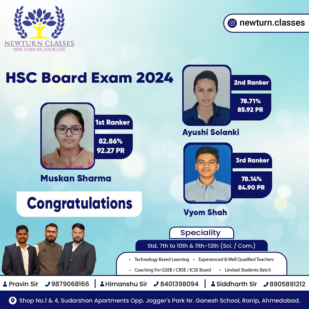 Newturn Classes Student Achievement - 12th Board Result 2024 Ahmedabad